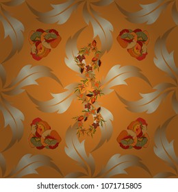 Abstract vector background. Floral seamless pattern with blooming flowers and leaves in orange, beige and brown colors. Stylish wallpaper with flowers.
