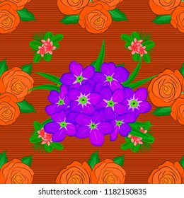 Abstract vector background. Floral seamless pattern with blooming primrose flowers and leaves in violet, green and orange colors. Stylish wallpaper with primrose flowers.