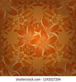 Abstract vector background. Floral seamless pattern with blooming plumeria flowers and leaves in orange, yellow and beige colors. Stylish wallpaper with plumeria flowers.