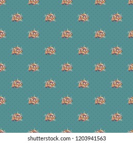Abstract vector background. Floral seamless pattern with blooming forget-me-not flowers and leaves in beige, pink and blue colors. Stylish wallpaper with forget-me-not flowers.