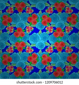 Abstract vector background. Floral seamless pattern with blooming rose flowers and green leaves in pink, green and blue colors. Stylish wallpaper with rose flowers and green leaves.