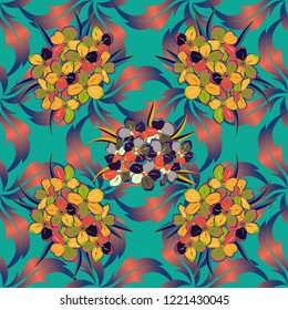 Abstract vector background. Floral seamless pattern with blooming primula flowers and leaves in green, pink and blue colors. Stylish wallpaper with primula flowers.