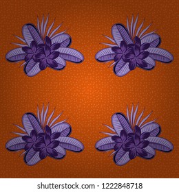 Abstract vector background. Floral seamless pattern with blooming plumeria flowers and leaves in violet, brown and orange colors. Stylish wallpaper with plumeria flowers.