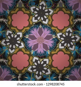 Abstract vector background. Floral seamless pattern with blooming flowers and leaves in gray, pink and brown colors. Stylish wallpaper with flowers.