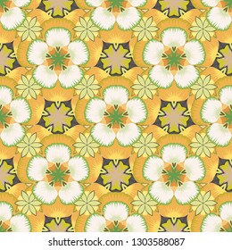 Abstract vector background. Floral seamless pattern with blooming flowers and leaves in beige, green and yellow colors. Stylish wallpaper with flowers.