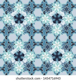Abstract vector background. Floral seamless pattern with blooming flowers and leaves in blue, gray and violet colors. Stylish wallpaper with flowers.