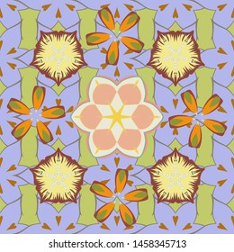 Abstract vector background. Floral seamless pattern with blooming flowers and leaves in beige, blue and yellow colors. Stylish wallpaper with flowers.