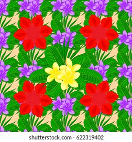 Abstract vector background. Floral seamless pattern with blooming plumeria flowers and leaves on a beige background. Stylish wallpaper with plumeria flowers.