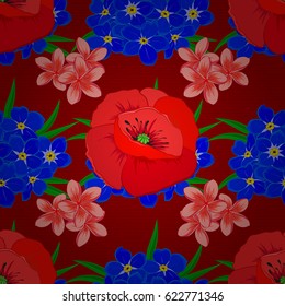 Abstract vector background. Floral seamless pattern with blooming poppy flowers and leaves on a red background. Stylish wallpaper with poppy flowers.