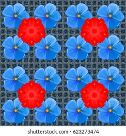 Abstract vector background. Floral seamless pattern with blooming cosmos flowers and leaves on a blue background. Stylish wallpaper with cosmos flowers.