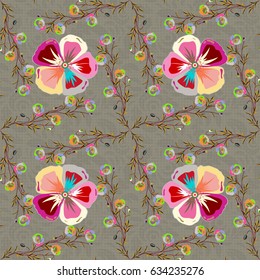 Abstract vector background. Floral seamless pattern with blooming flowers and leaves in green and pink colors. Stylish wallpaper with flowers.