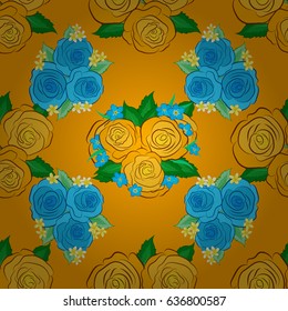 Abstract vector background. Floral seamless pattern with blooming rose flowers and green leaves on a yellow background. Stylish wallpaper with rose flowers and green leaves.