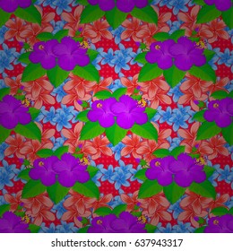 Abstract vector background. Floral seamless pattern with blooming hibiscus flowers and leaves on a red background. Stylish wallpaper with hibiscus flowers.