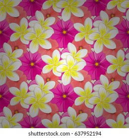 Abstract vector background. Floral seamless pattern with blooming plumeria flowers and leaves on a beige background. Stylish wallpaper with plumeria flowers.