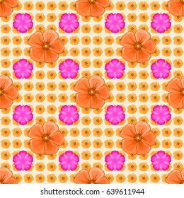 Abstract vector background. Floral seamless pattern with blooming cosmos flowers and leaves on a beige background. Stylish wallpaper with cosmos flowers.