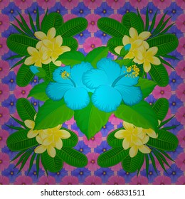 Abstract vector background. Floral seamless pattern with blooming hibiscus flowers and leaves on a pink background. Stylish wallpaper with hibiscus flowers.