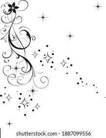 Abstract vector background with floral stems, branches, flowers, magic or fantasy stars, dots, rombs and circles