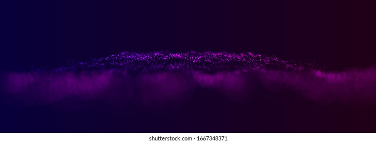 Abstract Vector Background. Flowing Energy Particles. Wave of Blurred Circles. 3d futuristic technology style. Random Topology Dots. Vector Bokeh Illustration.