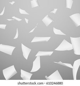 Abstract Vector Background With Flying, Falling, Scattered Office White Paper Sheets, Documents. Background With Flight Paper, Illustration Of Clear Chaotic Paper