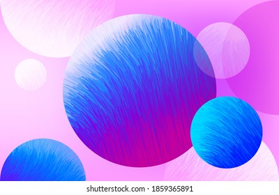 Abstract vector background with flying glowing balls from strokes, space, futuristic celestial bodies, chaotic doodle lines, strokes. Colored trend background. Pink, blue, violet, purple. 