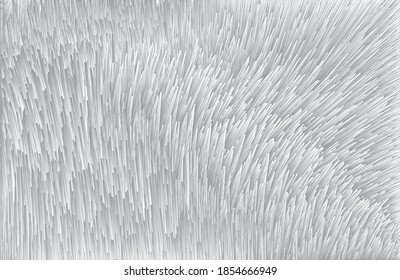 Abstract vector background with flying stripes, databases, charts, futuristic skyscrapers, chaotic lines. Gray and white modern backdrop.