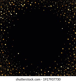 
Abstract vector background frame round gold glitter particles on black background.