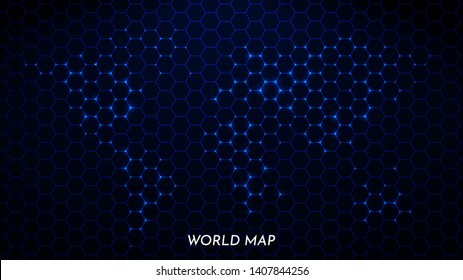 Abstract vector background in futuristic style. Earth map with glowing points. Hexagonal texture