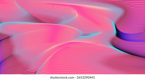 Abstract vector background in futuristic style features flowing curved lines with gradients of pink, purple, blue, and peach. Dynamic movement and smooth color transitions create a modern look.