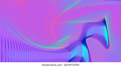 Abstract vector background in futuristic style features flowing curved lines with gradients of pink, purple, blue, and peach. Dynamic movement and smooth color transitions create a modern look.