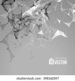 Abstract vector background. Futuristic style card. Background for business presentations. Molecular structure. Lines, point, planes in 3d space. Cybernetic dots, creative banner.