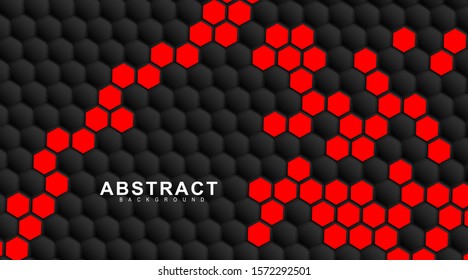 abstract vector background. Geometric black hexagonal. Surface polygon pattern with red hexagon, honeycomb. 3D design illustration technology