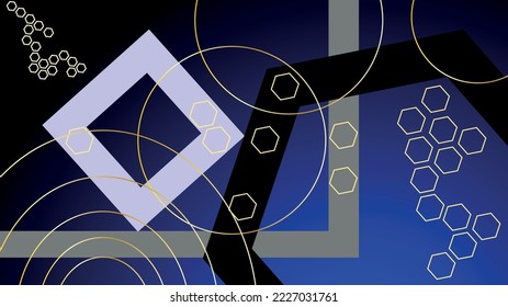 Abstract vector background with geometric elements. Transition colors, gold strokes. Hexagon, arc, square. Dark background with gold elements. Geometric, abstract, dark scheme.