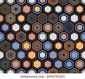 Abstract vector background. Geometric elements of varied style and color. Hexagonal cells. Tileable pattern. Seamless background. Creative vector illustration.