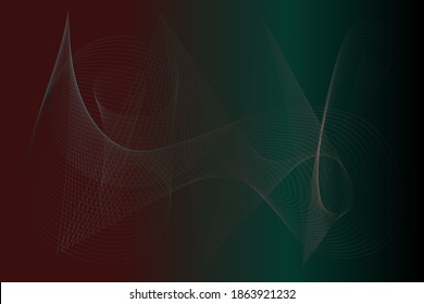 Abstract vector background. Geometric shape of thin pink-green wavy lines on green-burgundy. Gradient fill.