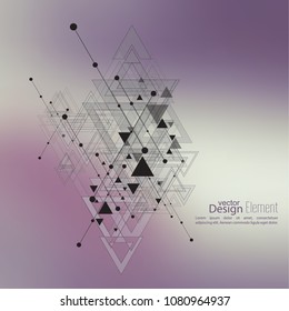 Abstract vector background with geometric shapes intersecting. Diagonal lines with dots and translucent triangles. 