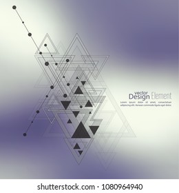 Abstract vector background with geometric shapes intersecting. Diagonal lines with dots and translucent triangles. 
