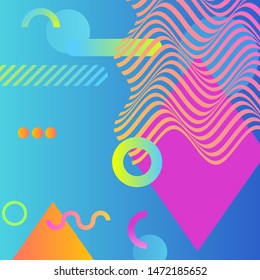 Abstract vector background with geometric shapes and waves. Gradient backdrop of bright colors of blue, pink, green and orange.