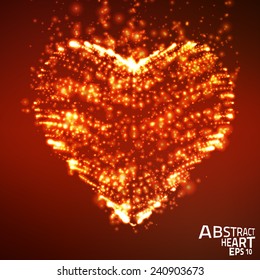 Abstract vector background with glowing heart. Cloud of red shining points in the shape of a heart. Futuristic style card. Eps10