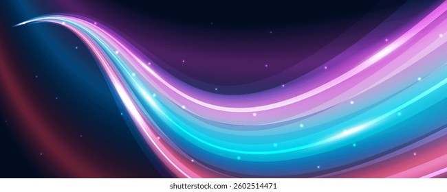 Abstract vector background with glowing light waves in blue, purple, and pink. Curved shapes and gradient effects create a dynamic, futuristic design for digital art, banners, or posters.
