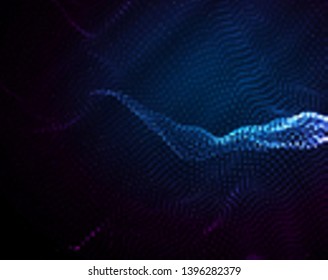 Abstract vector background, glowing particles, waves, grid of dots, rays of directional light.