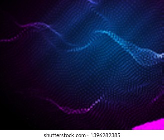 Abstract vector background, glowing particles, waves, grid of dots, rays of directional light.