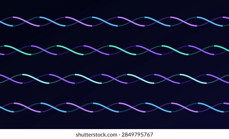 Abstract vector background of glowing twisted pairs of strands running across a dark backdrop in cyan and violet