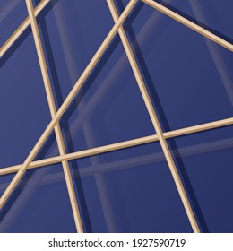 Abstract vector background. Gold 3d lines on blue glass backdrop with shadow and reflection.