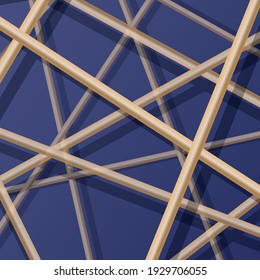 Resumen del fondo vectorial. Líneas doradas 3d sobre la superficie de vidrio azul oscuro con reflexión y sombras.
