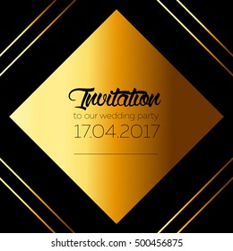 Abstract vector background, gold diamond and lines isolated on black background, art deco style, invitation wedding text template, vector eps 10