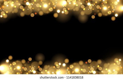 Abstract vector background with gold sparkles. Shiny defocused gold bokeh lights on black background. Festive gold background for card, flyer, invitation, placard, voucher, banner. 