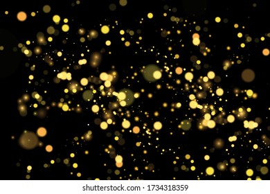 Abstract vector background with gold sparkles. Shiny defocused gold bokeh lights on black background. Festive gold background for card, flyer, invitation, placard, voucher, banner.
