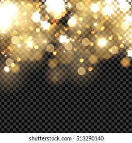 Abstract vector background with gold sparkles. Shiny defocused gold bokeh lights on dark transparent background. Festive gold background for card, flyer, invitation, placard, voucher.