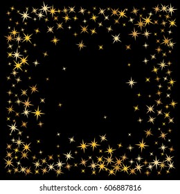 Abstract vector background with gold star elements. Glitter confetti, shining sparkles frame design. Decorative square border pattern on black with golden night sky objects.