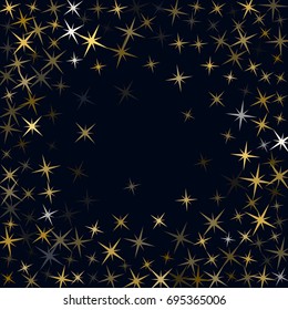 Abstract vector background with gold star elements. Glitter confetti, shining sparkles frame design. Decorative square border pattern on black background with golden night sky stars.